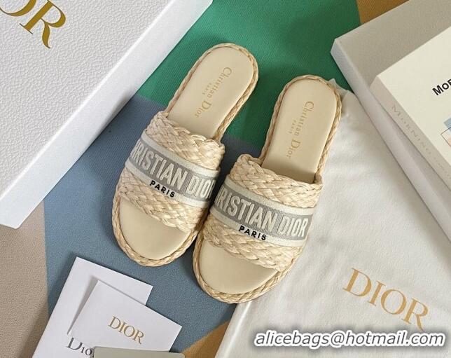 Pretty Style Dior Dway Flat Slides Sandals in Raffia and Embroidered Cotton Beige/Grey 620004