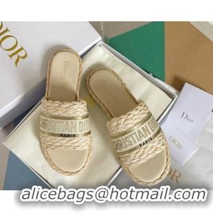 Durable Dior Dway Flat Slides Sandals in Raffia and Embroidered Cotton Beige/Gold 620005