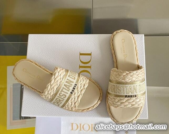 Durable Dior Dway Flat Slides Sandals in Raffia and Embroidered Cotton Beige/Gold 620005