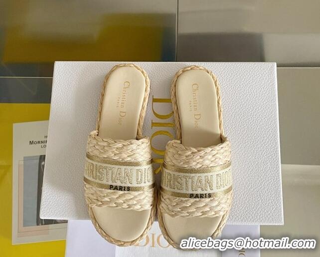 Durable Dior Dway Flat Slides Sandals in Raffia and Embroidered Cotton Beige/Gold 620005