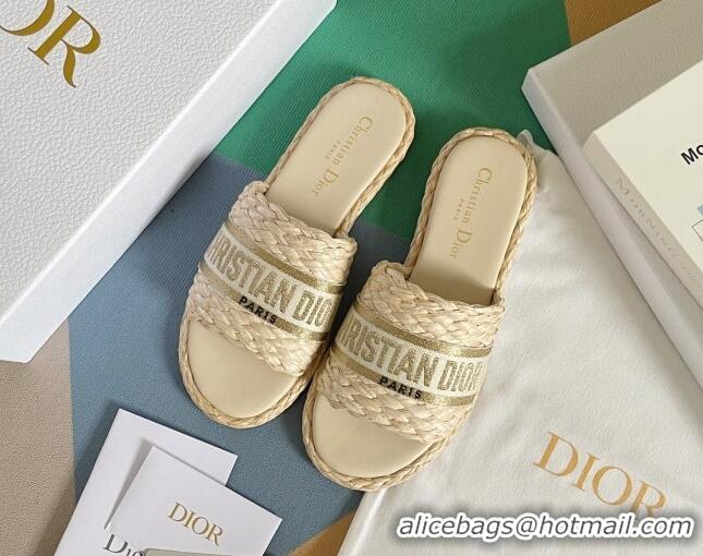 Durable Dior Dway Flat Slides Sandals in Raffia and Embroidered Cotton Beige/Gold 620005