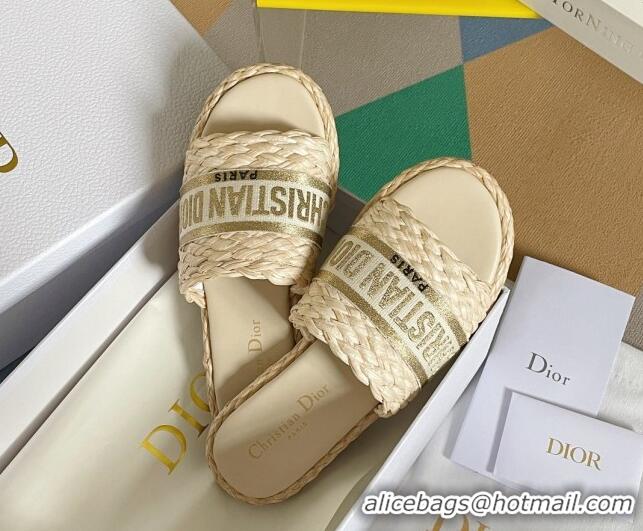 Durable Dior Dway Flat Slides Sandals in Raffia and Embroidered Cotton Beige/Gold 620005