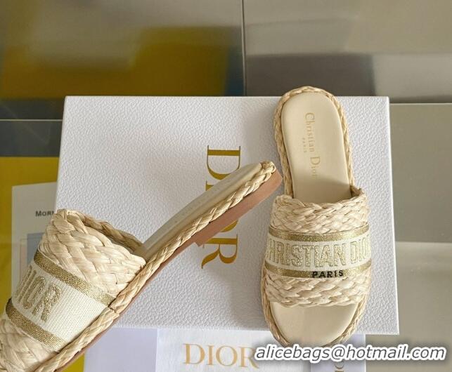 Durable Dior Dway Flat Slides Sandals in Raffia and Embroidered Cotton Beige/Gold 620005