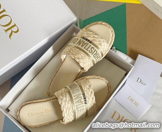 Durable Dior Dway Flat Slides Sandals in Raffia and Embroidered Cotton Beige/Gold 620005