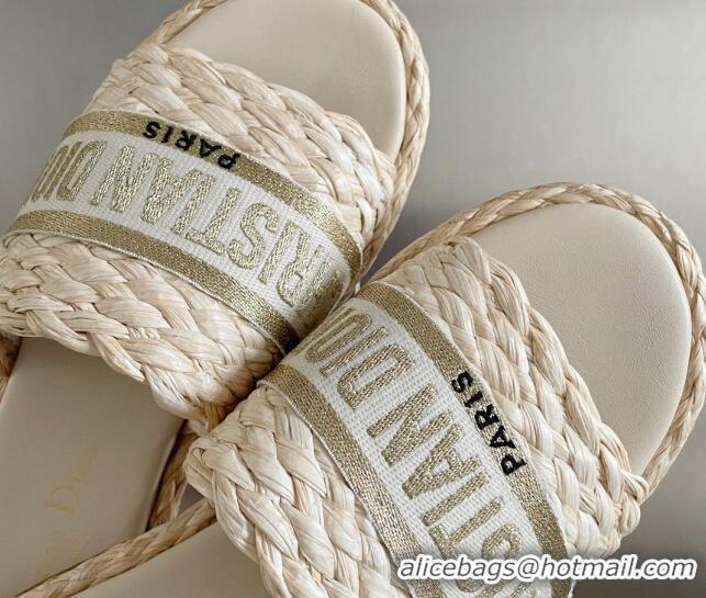 Durable Dior Dway Flat Slides Sandals in Raffia and Embroidered Cotton Beige/Gold 620005