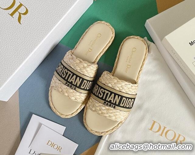 Duplicate Dior Dway Flat Slides Sandals in Raffia and Embroidered Cotton Beige/Black 620006