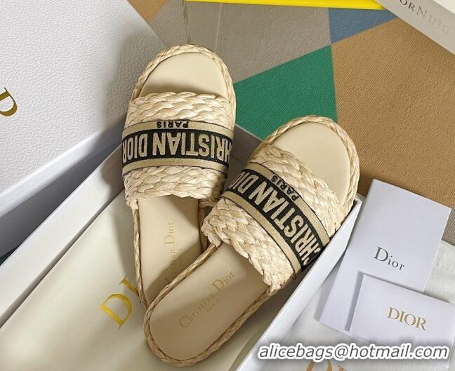 Duplicate Dior Dway Flat Slides Sandals in Raffia and Embroidered Cotton Beige/Black 620006