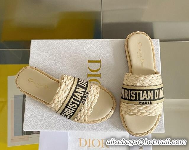 Duplicate Dior Dway Flat Slides Sandals in Raffia and Embroidered Cotton Beige/Black 620006