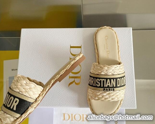 Duplicate Dior Dway Flat Slides Sandals in Raffia and Embroidered Cotton Beige/Black 620006