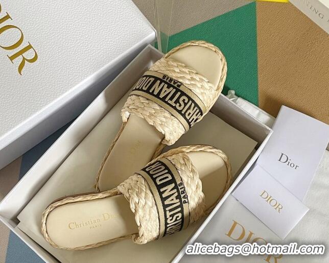 Duplicate Dior Dway Flat Slides Sandals in Raffia and Embroidered Cotton Beige/Black 620006