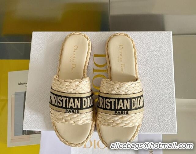 Duplicate Dior Dway Flat Slides Sandals in Raffia and Embroidered Cotton Beige/Black 620006