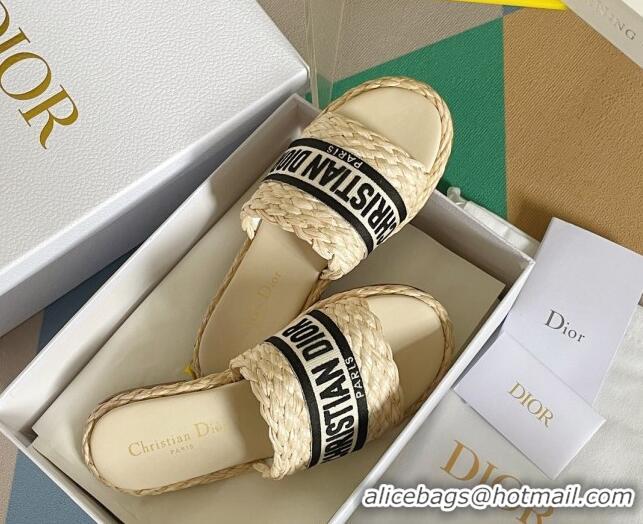 Expensive Dior Dway Flat Slides Sandals in Raffia and Embroidered Cotton Beige/Black/White 620007