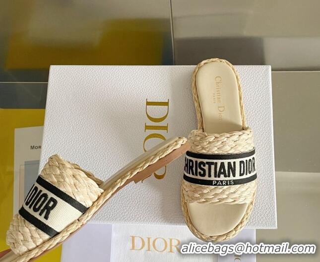 Expensive Dior Dway Flat Slides Sandals in Raffia and Embroidered Cotton Beige/Black/White 620007