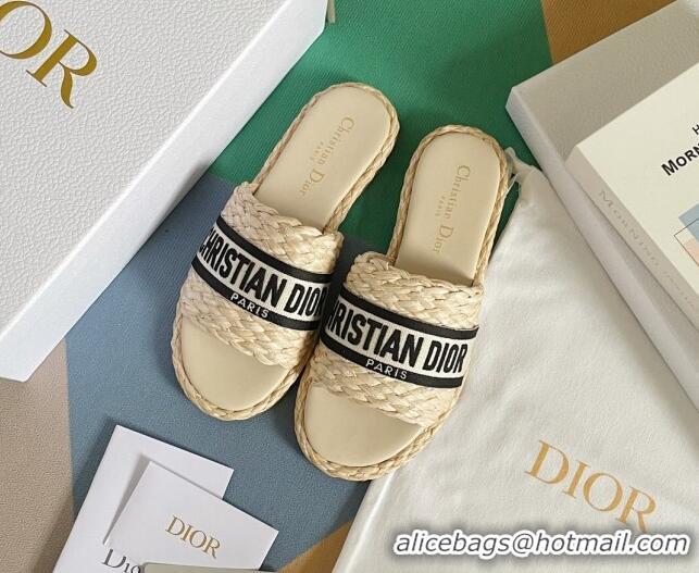 Expensive Dior Dway Flat Slides Sandals in Raffia and Embroidered Cotton Beige/Black/White 620007