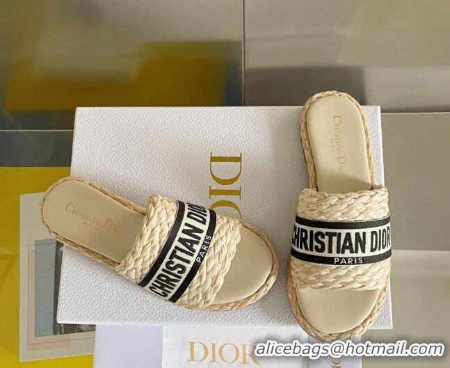 Expensive Dior Dway Flat Slides Sandals in Raffia and Embroidered Cotton Beige/Black/White 620007