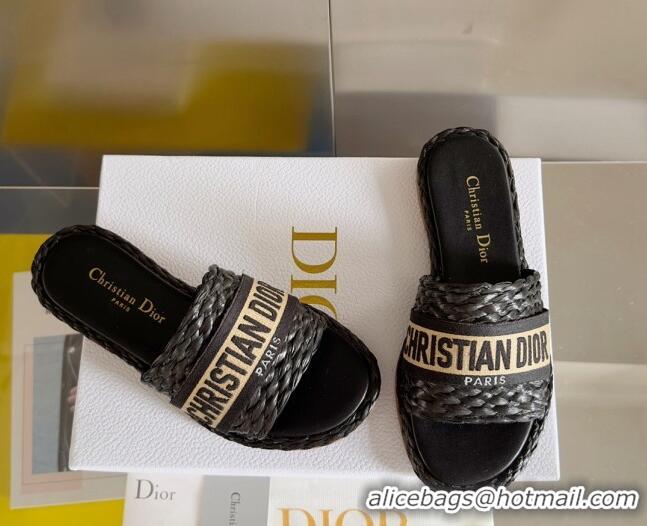 Top Grade Dior Dway Flat Slides Sandals in Raffia and Embroidered Cotton Black/Beige 620009