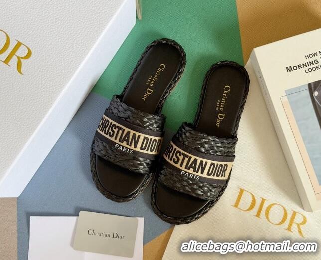 Top Grade Dior Dway Flat Slides Sandals in Raffia and Embroidered Cotton Black/Beige 620009