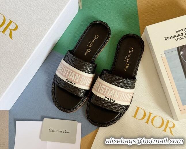 Good Looking Dior Dway Flat Slides Sandals in Raffia and Embroidered Cotton Black/Pink 620008