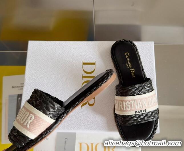 Good Looking Dior Dway Flat Slides Sandals in Raffia and Embroidered Cotton Black/Pink 620008