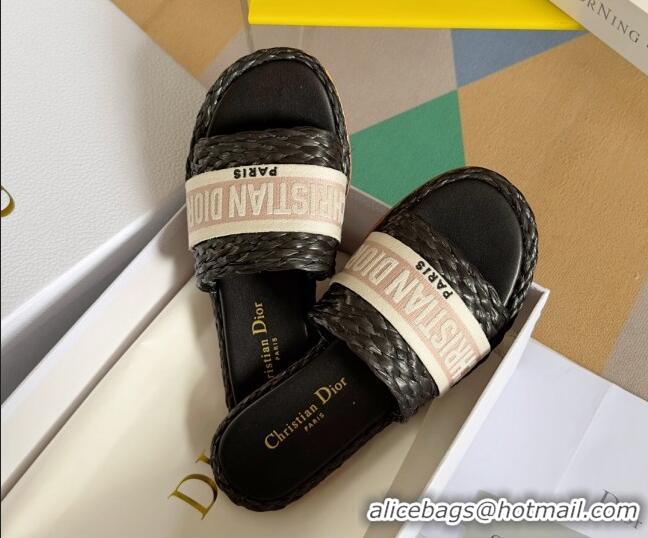 Good Looking Dior Dway Flat Slides Sandals in Raffia and Embroidered Cotton Black/Pink 620008