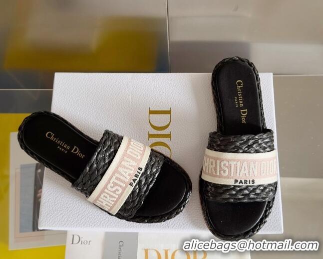 Good Looking Dior Dway Flat Slides Sandals in Raffia and Embroidered Cotton Black/Pink 620008