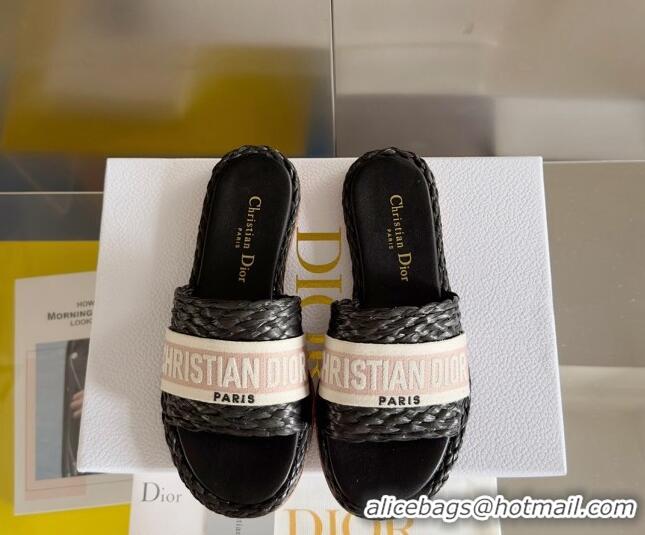 Good Looking Dior Dway Flat Slides Sandals in Raffia and Embroidered Cotton Black/Pink 620008