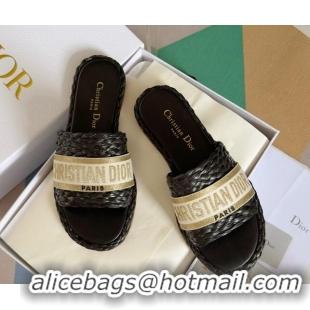 Best Product Dior Dway Flat Slides Sandals in Raffia and Embroidered Cotton Black/Gold 620010