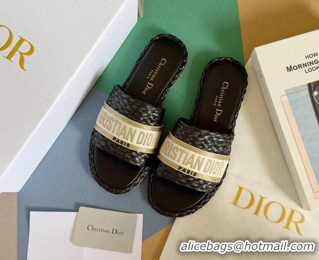 Best Product Dior Dway Flat Slides Sandals in Raffia and Embroidered Cotton Black/Gold 620010