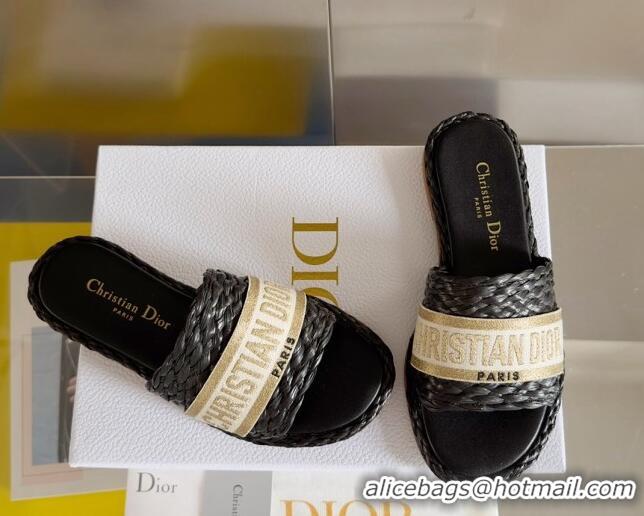 Best Product Dior Dway Flat Slides Sandals in Raffia and Embroidered Cotton Black/Gold 620010