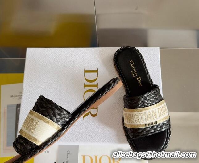 Best Product Dior Dway Flat Slides Sandals in Raffia and Embroidered Cotton Black/Gold 620010