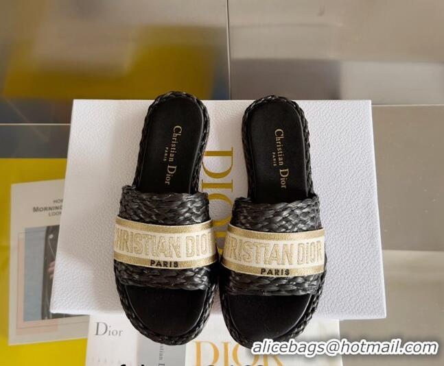 Best Product Dior Dway Flat Slides Sandals in Raffia and Embroidered Cotton Black/Gold 620010