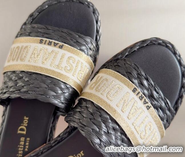 Best Product Dior Dway Flat Slides Sandals in Raffia and Embroidered Cotton Black/Gold 620010