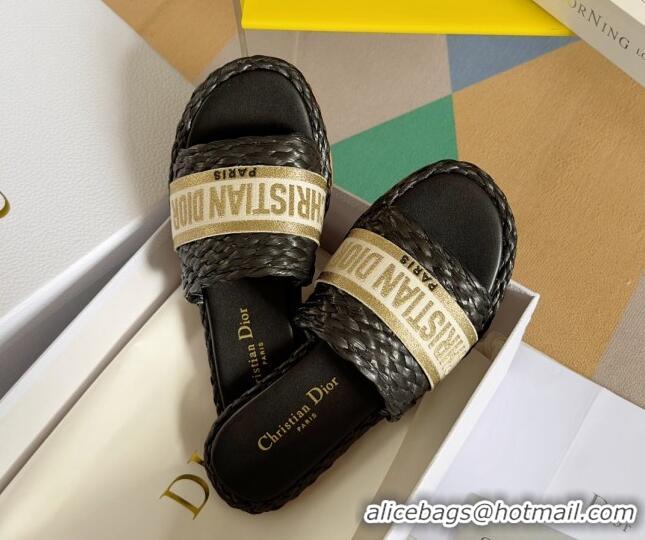 Best Product Dior Dway Flat Slides Sandals in Raffia and Embroidered Cotton Black/Gold 620010