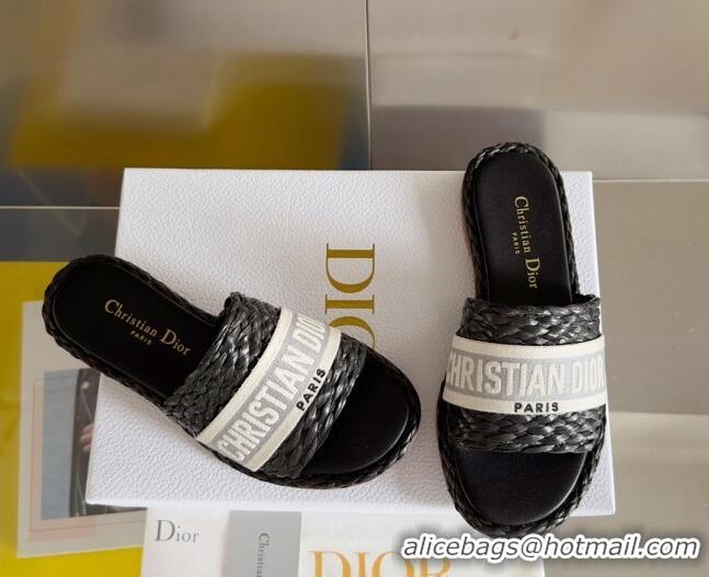 Unique Style Dior Dway Flat Slides Sandals in Raffia and Embroidered Cotton Black/Grey 620011