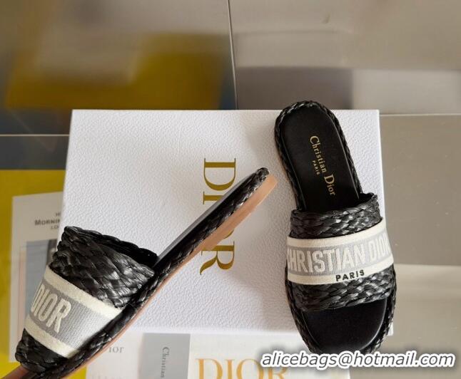 Unique Style Dior Dway Flat Slides Sandals in Raffia and Embroidered Cotton Black/Grey 620011