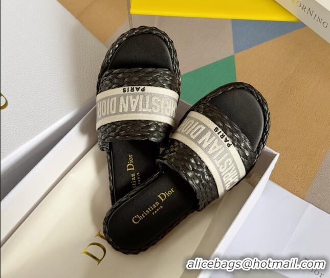 Unique Style Dior Dway Flat Slides Sandals in Raffia and Embroidered Cotton Black/Grey 620011