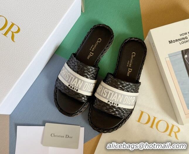 Unique Style Dior Dway Flat Slides Sandals in Raffia and Embroidered Cotton Black/Grey 620011