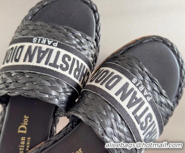 Popular Style Dior Dway Flat Slides Sandals in Raffia and Embroidered Cotton Black/White 620012