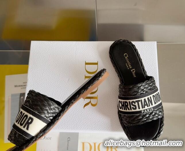 Popular Style Dior Dway Flat Slides Sandals in Raffia and Embroidered Cotton Black/White 620012