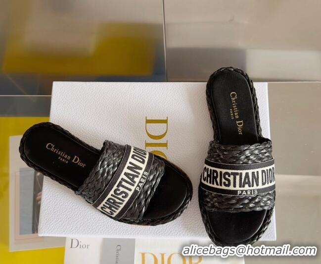 Popular Style Dior Dway Flat Slides Sandals in Raffia and Embroidered Cotton Black/White 620012