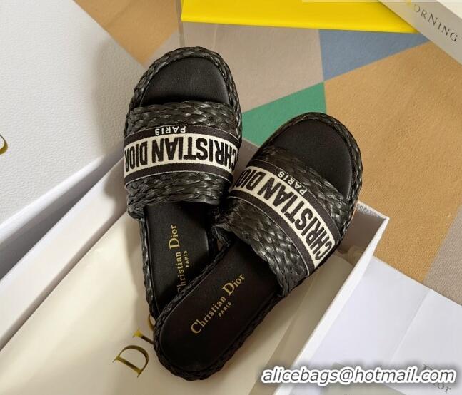 Popular Style Dior Dway Flat Slides Sandals in Raffia and Embroidered Cotton Black/White 620012