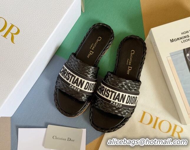 Popular Style Dior Dway Flat Slides Sandals in Raffia and Embroidered Cotton Black/White 620012