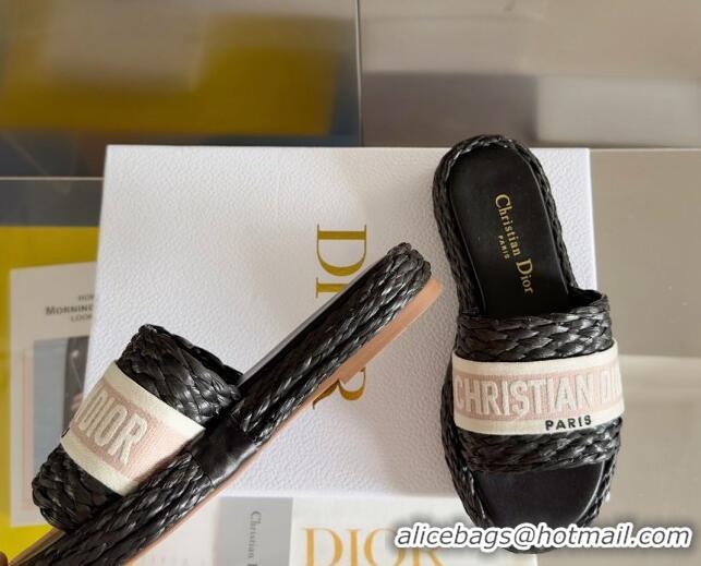 Shop Duplicate Dior Dway Platform Slides Sandals in Raffia and Embroidered Cotton Black/Pink 620013