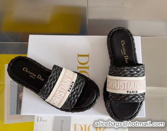 Shop Duplicate Dior Dway Platform Slides Sandals in Raffia and Embroidered Cotton Black/Pink 620013