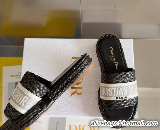 Original Cheap Dior Dway Platform Slides Sandals in Raffia and Embroidered Cotton Black/Grey 620014