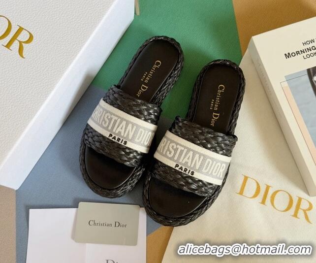 Original Cheap Dior Dway Platform Slides Sandals in Raffia and Embroidered Cotton Black/Grey 620014