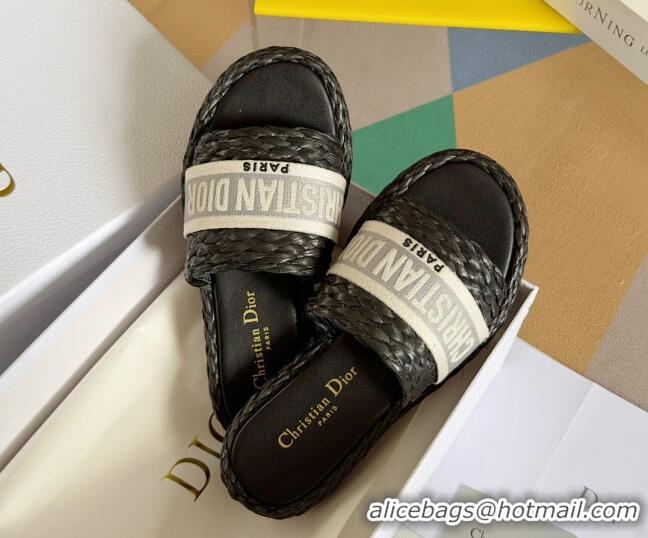 Original Cheap Dior Dway Platform Slides Sandals in Raffia and Embroidered Cotton Black/Grey 620014