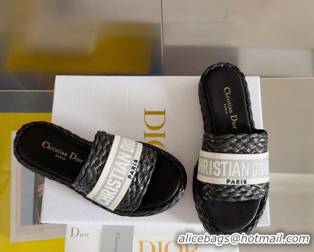 Original Cheap Dior Dway Platform Slides Sandals in Raffia and Embroidered Cotton Black/Grey 620014