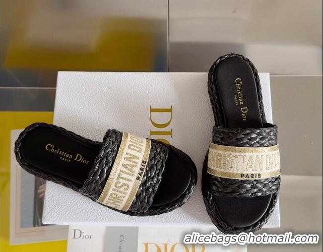 Luxury Cheap Dior Dway Platform Slides Sandals in Raffia and Embroidered Cotton Black/Gold 620015