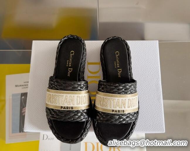 Luxury Cheap Dior Dway Platform Slides Sandals in Raffia and Embroidered Cotton Black/Gold 620015